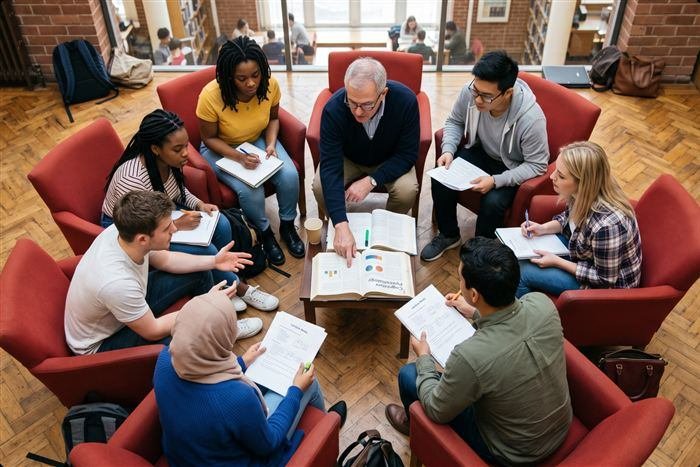 Grupo de estudiantes estudiando la Biblia en círculo