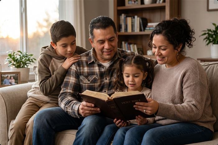 Familia leyendo la Biblia junta en casa