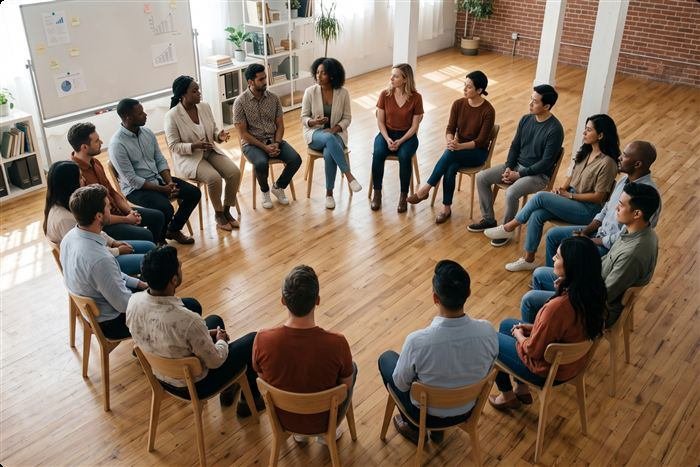 Grupo pequeño reunido en círculo de discusión