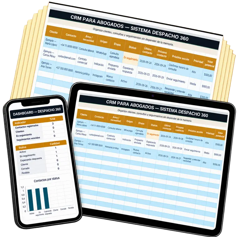 Panel de Oportunidades: Modelo de CRM en Excel para abogados, con dashboard automático